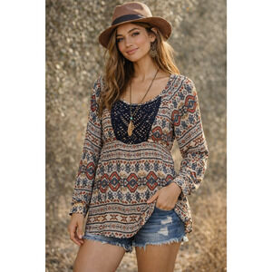 inLUV Bohemian Tribal Print Tunic Blouse Empire Waist Long Sleeves size Large